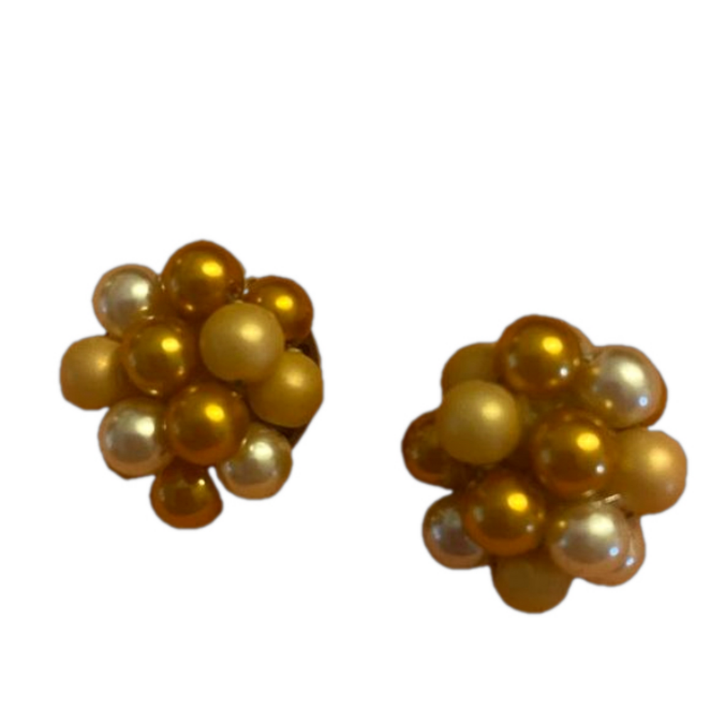 Vintage Japan Beaded Cluster Faux Pearl Clip On Earrings Gold Tan Cream Gems